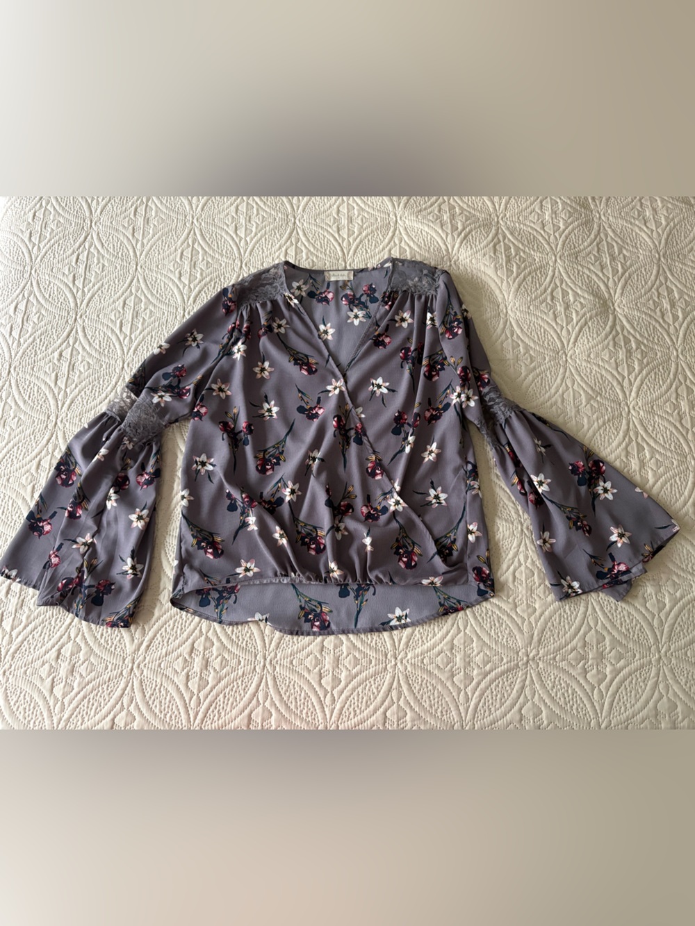 Altar'd State Gray Floral Faux-Wrap Blouse with Bell Sleeves